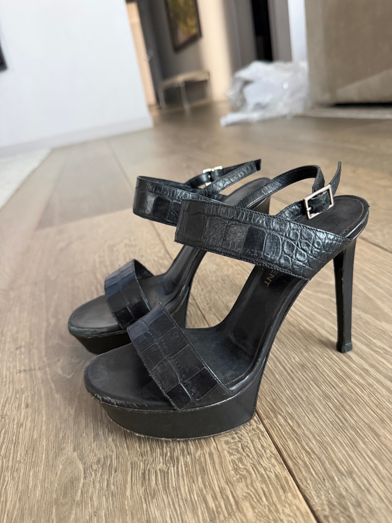 Saint Laurent Black Croc-Embossed Platform Slingback Heels